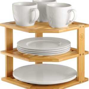 Plate Organizer for Cabinet - 3 Tier Bamboo Corner Shelf Cabinet Organizer for Plates, Bowls, Mugs and Pantry Storage, Space Saving Countertop and Cabinet Corner Shelf, 10 x 10 x 9.5 Inch, Bambusi | Kitchen Counter, Cabinet Space Saver, Plates, Dishes, Bowls, Bread Pantry - Image 7