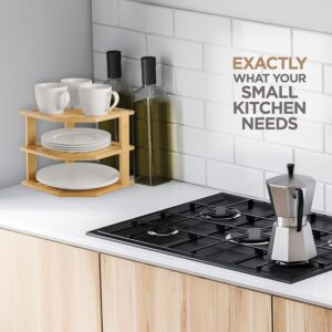 Plate Organizer for Cabinet - 3 Tier Bamboo Corner Shelf Cabinet Organizer for Plates, Bowls, Mugs and Pantry Storage, Space Saving Countertop and Cabinet Corner Shelf, 10 x 10 x 9.5 Inch, Bambusi | Kitchen Counter, Cabinet Space Saver, Plates, Dishes, Bowls, Bread Pantry - Image 9