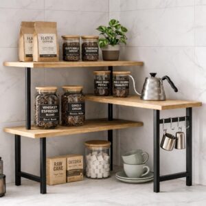 3-Tier Bamboo Corner Countertop Organizer with Extended Top Tier, Corner Shelf for Kitchen Counter, Coffee Bar Organizer, Bathroom Counter Organizer, Kitchen Corner Shelf, Space Saver - Image 6