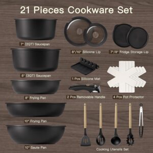 Astercook 21 Pcs Pots and Pans Set Non Stick, Ceramic Cookware Set Detachable Handle, RV Kitchen Cooking Set Removable Handles, Oven Safe, Induction Ready, Stackable, Black, Mothers Day Gifts - Image 9