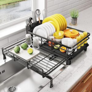 Dish Drying Rack - Extendable Dish Rack, Large Sink Drying Dish Drainer for Kitchen Counter, Stainless Steel Dish Strainer with Utensil Holder (Black) - Image 1