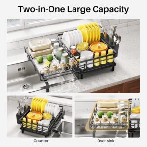 Dish Drying Rack - Extendable Dish Rack, Large Sink Drying Dish Drainer for Kitchen Counter, Stainless Steel Dish Strainer with Utensil Holder (Black) - Image 3