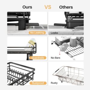 Dish Drying Rack - Extendable Dish Rack, Large Sink Drying Dish Drainer for Kitchen Counter, Stainless Steel Dish Strainer with Utensil Holder (Black) - Image 4