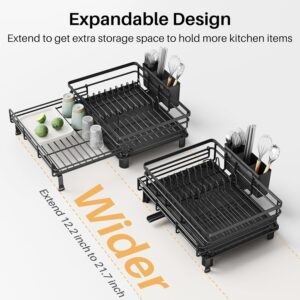 Dish Drying Rack - Extendable Dish Rack, Large Sink Drying Dish Drainer for Kitchen Counter, Stainless Steel Dish Strainer with Utensil Holder (Black) - Image 5
