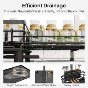 Dish Drying Rack - Extendable Dish Rack, Large Sink Drying Dish Drainer for Kitchen Counter, Stainless Steel Dish Strainer with Utensil Holder (Black) - Image 6