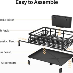Dish Drying Rack - Extendable Dish Rack, Large Sink Drying Dish Drainer for Kitchen Counter, Stainless Steel Dish Strainer with Utensil Holder (Black) - Image 8