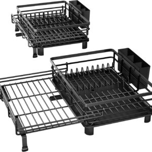 Dish Drying Rack - Extendable Dish Rack, Large Sink Drying Dish Drainer for Kitchen Counter, Stainless Steel Dish Strainer with Utensil Holder (Black) - Image 9