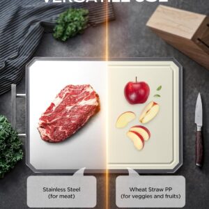 SNOWCLAD Stainless Steel Cutting Board,Double Sided Steel Bread Boards for kitchen,Stainless Steel/Wheat straw pp Large Board for meat,non toxic Chopping,16 * 11 Inch,Dishwasher Safe - Image 3