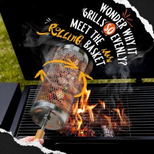 Rolling Grill Basket-Small,304 Stainless Steel Grill Basket with Removable Wooden Handle,BBQ Tool & Smoker Accessory for Veg & Shrimp,Ideal for Outdoor Cooking,Camping & Gifts for Dad/Husband/Men,9*4*4 inches(For 1-2 People) - Image 3