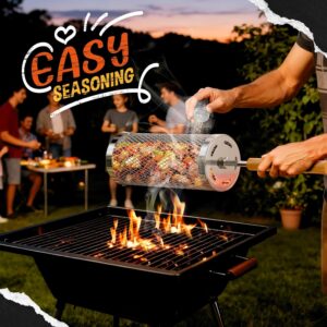 Rolling Grill Basket-Small,304 Stainless Steel Grill Basket with Removable Wooden Handle,BBQ Tool & Smoker Accessory for Veg & Shrimp,Ideal for Outdoor Cooking,Camping & Gifts for Dad/Husband/Men,9*4*4 inches(For 1-2 People) - Image 6