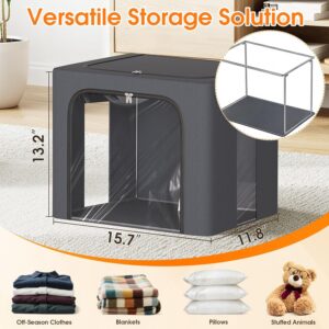 4 Pack Clothes Storage Bins with Metal Frame, 40L Foldable Fabric Storage Boxes with Clear Window, Front & Top Zipper Openings, Stackable Organizer Bins with Handles for Closet & Bedroom (Light Grey) - Image 2