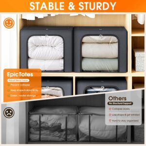 4 Pack Clothes Storage Bins with Metal Frame, 40L Foldable Fabric Storage Boxes with Clear Window, Front & Top Zipper Openings, Stackable Organizer Bins with Handles for Closet & Bedroom (Light Grey) - Image 3