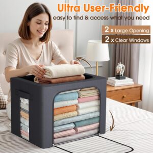 4 Pack Clothes Storage Bins with Metal Frame, 40L Foldable Fabric Storage Boxes with Clear Window, Front & Top Zipper Openings, Stackable Organizer Bins with Handles for Closet & Bedroom (Light Grey) - Image 5