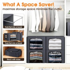 4 Pack Clothes Storage Bins with Metal Frame, 40L Foldable Fabric Storage Boxes with Clear Window, Front & Top Zipper Openings, Stackable Organizer Bins with Handles for Closet & Bedroom (Light Grey) - Image 6