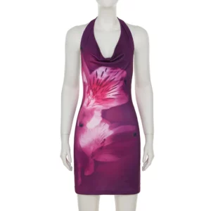 SUCHCUTE Women Halter Floral Print Mini Dress Sexy Sleeveless Backless Swinging Collar Beach Vacation Wrap Dress Summer Party - Image 5
