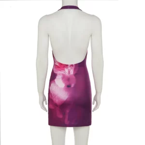 SUCHCUTE Women Halter Floral Print Mini Dress Sexy Sleeveless Backless Swinging Collar Beach Vacation Wrap Dress Summer Party - Image 6