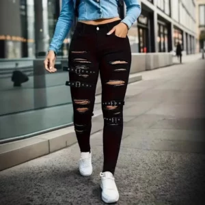 Black Jeans Belt Buckle HOLE Denim 2025 High Waist Ripped Jeans Women Skinny Black Pockets Woman Elastic Jean Female Femme Pants - Image 4