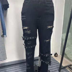 Black Jeans Belt Buckle HOLE Denim 2025 High Waist Ripped Jeans Women Skinny Black Pockets Woman Elastic Jean Female Femme Pants - Image 5