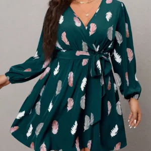 Plus Size Dark Green Feather Print V-Neck Dress, Belted Waist Lantern Sleeve Elegant Mini Dress - Image 1