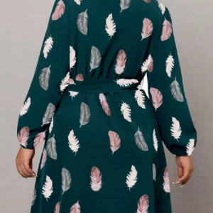 Plus Size Dark Green Feather Print V-Neck Dress, Belted Waist Lantern Sleeve Elegant Mini Dress - Image 2