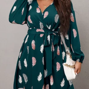 Plus Size Dark Green Feather Print V-Neck Dress, Belted Waist Lantern Sleeve Elegant Mini Dress - Image 4