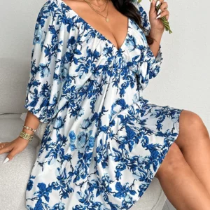 plus Size V-Neck Romantic Floral Print Vacation Dress Women's Casual Elegant Maxi Dress for Summer - Image 1