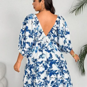 plus Size V-Neck Romantic Floral Print Vacation Dress Women's Casual Elegant Maxi Dress for Summer - Image 3