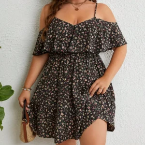 Plus Size Ditsy Floral Print Cold Shoulder Ruffle Trim A Line Dress, Boho Romantic Short Dress for Beach Vacation Holiday, Dres - Image 1