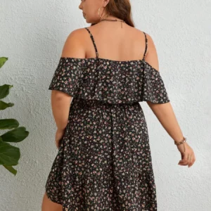 Plus Size Ditsy Floral Print Cold Shoulder Ruffle Trim A Line Dress, Boho Romantic Short Dress for Beach Vacation Holiday, Dres - Image 2