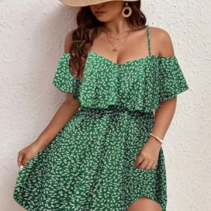 Plus Size Ditsy Floral Print Cold Shoulder Ruffle Trim A Line Dress, Boho Romantic Short Dress for Beach Vacation Holiday, Dres - Image 3