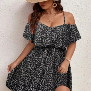 Plus Size Ditsy Floral Print Cold Shoulder Ruffle Trim A Line Dress, Boho Romantic Short Dress for Beach Vacation Holiday, Dres - Image 5