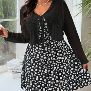 GIBSIE Plus Size Dress Set Women's 2 Piece Set 2026 Summer Tie Front Sun Protection Shirt Daisy Print Short A-line Cami Dress - Image 1