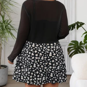 GIBSIE Plus Size Dress Set Women's 2 Piece Set 2026 Summer Tie Front Sun Protection Shirt Daisy Print Short A-line Cami Dress - Image 2