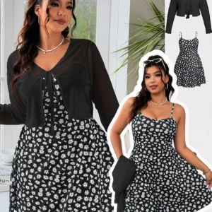 GIBSIE Plus Size Dress Set Women's 2 Piece Set 2026 Summer Tie Front Sun Protection Shirt Daisy Print Short A-line Cami Dress - Image 4