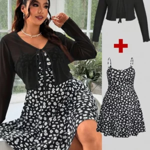 GIBSIE Plus Size Dress Set Women's 2 Piece Set 2026 Summer Tie Front Sun Protection Shirt Daisy Print Short A-line Cami Dress - Image 5