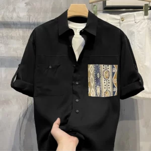 Short Sleeve With Pocket Male Shirts Button Up Print Loose Men's Shirt Fashion 2025 Summer Vintage Tops High Quality Clothing - Image 2