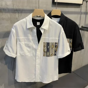 Short Sleeve With Pocket Male Shirts Button Up Print Loose Men's Shirt Fashion 2025 Summer Vintage Tops High Quality Clothing - Image 5