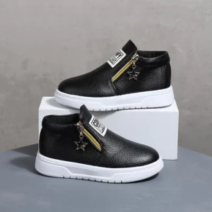 COMFY KIDS Kids' Black Lychee Pattern Faux Leather High-Top Sneakers, Side Zipper with Star Charm, Soft Elastic Rubber Sole Ligh - Image 5