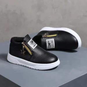 COMFY KIDS Kids' Black Lychee Pattern Faux Leather High-Top Sneakers, Side Zipper with Star Charm, Soft Elastic Rubber Sole Ligh - Image 4