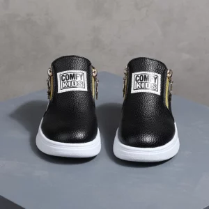 COMFY KIDS Kids' Black Lychee Pattern Faux Leather High-Top Sneakers, Side Zipper with Star Charm, Soft Elastic Rubber Sole Ligh - Image 3