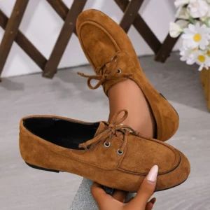 2026 Classic Genuine Cow Suede Pumps Women Lace Up Flat Heel Boat Shoes Female Retro Comfort Daily Autumn Walk Flats - Image 2