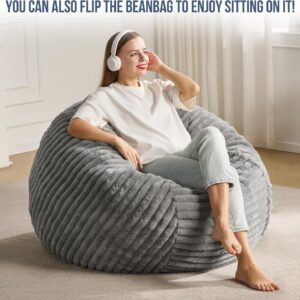 3ft Bean Bag Chairs for Adults Large Beanbag Chair with Stripe Plush Cover Big Bean Bag Chair for Living Room Bedroom Dorm Office - Grey (36” x 36” x 22”) - Image 3