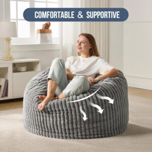 3ft Bean Bag Chairs for Adults Large Beanbag Chair with Stripe Plush Cover Big Bean Bag Chair for Living Room Bedroom Dorm Office - Grey (36” x 36” x 22”) - Image 6