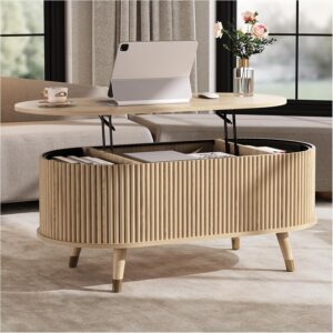 Oval Coffee Table with Storage,Multifunctional Lift Top Drum Coffee Table, Small Fluted Center Table for Living Room, Oak - Image 1