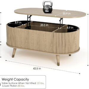 Oval Coffee Table with Storage,Multifunctional Lift Top Drum Coffee Table, Small Fluted Center Table for Living Room, Oak - Image 2