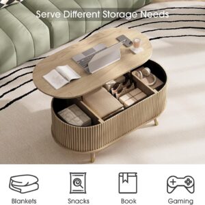 Oval Coffee Table with Storage,Multifunctional Lift Top Drum Coffee Table, Small Fluted Center Table for Living Room, Oak - Image 3