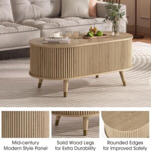 Oval Coffee Table with Storage,Multifunctional Lift Top Drum Coffee Table, Small Fluted Center Table for Living Room, Oak - Image 4