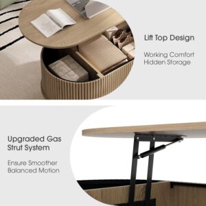 Oval Coffee Table with Storage,Multifunctional Lift Top Drum Coffee Table, Small Fluted Center Table for Living Room, Oak - Image 5