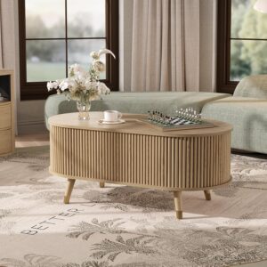 Oval Coffee Table with Storage,Multifunctional Lift Top Drum Coffee Table, Small Fluted Center Table for Living Room, Oak - Image 6