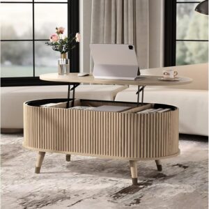 Oval Coffee Table with Storage,Multifunctional Lift Top Drum Coffee Table, Small Fluted Center Table for Living Room, Oak - Image 7